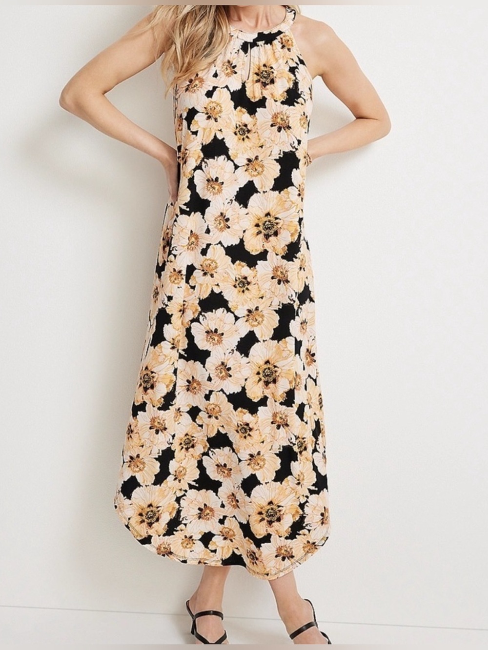 Maurices Black Maxi Dress with Cream Floral Print